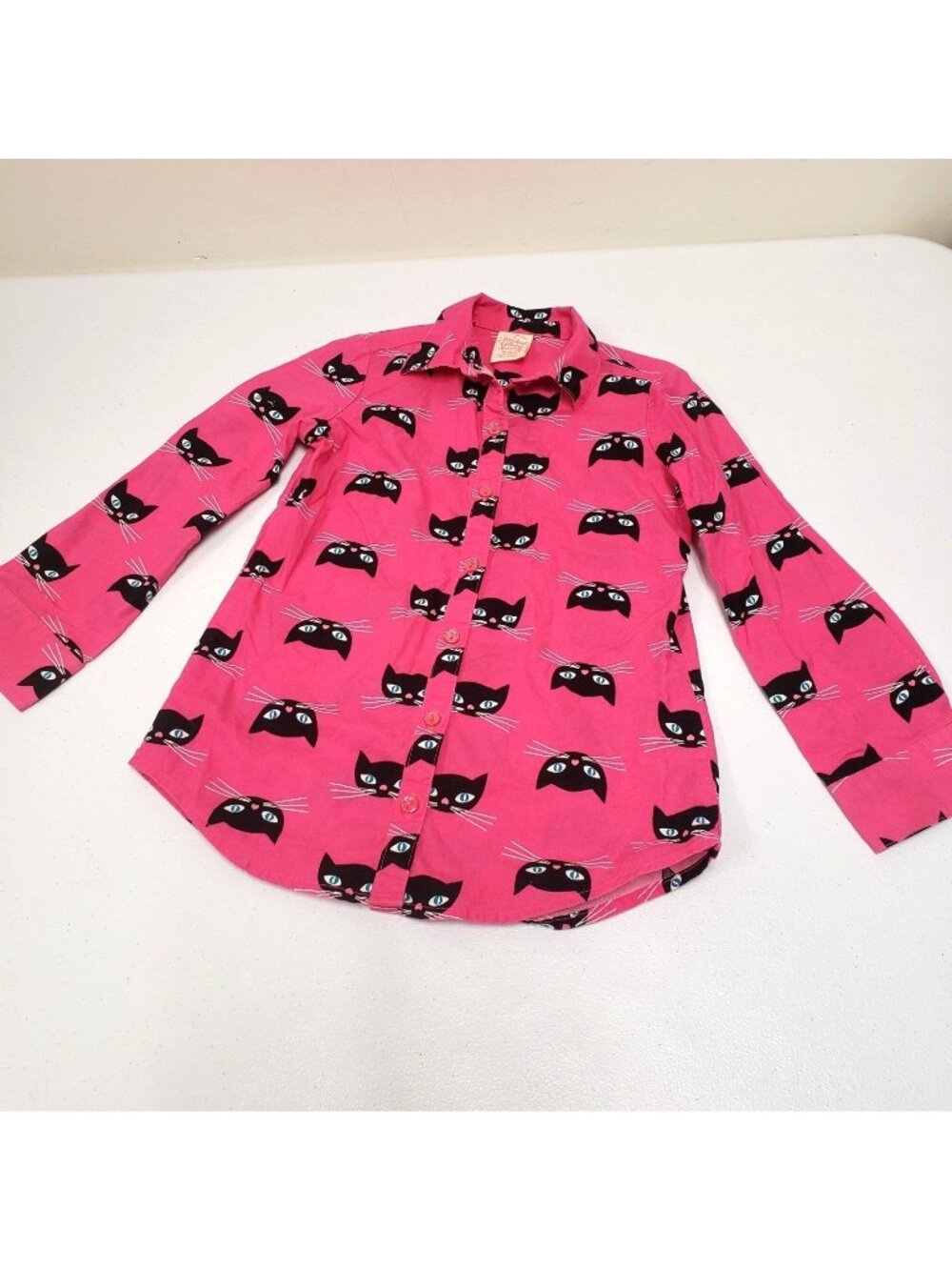 Faded Glory Girls Black Cat Pink Button Long Sleeve Top Shirt Size XS 4-5